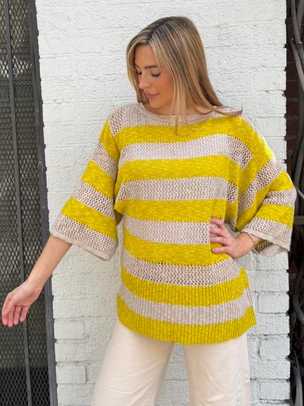 Style & co Yellow and white striped knit sweater fits sz s-xl